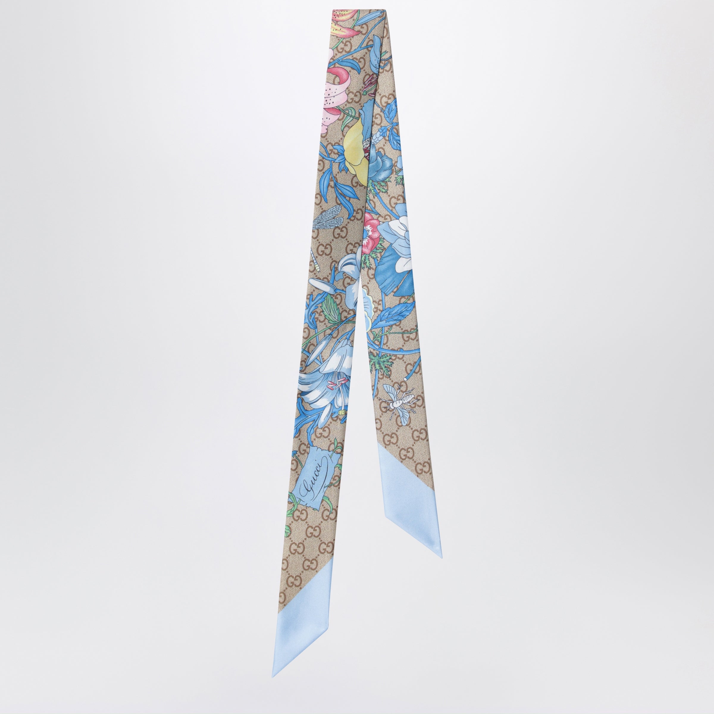 Gucci Printed Silk Ribbon With Flora Motif In Light Blue Women