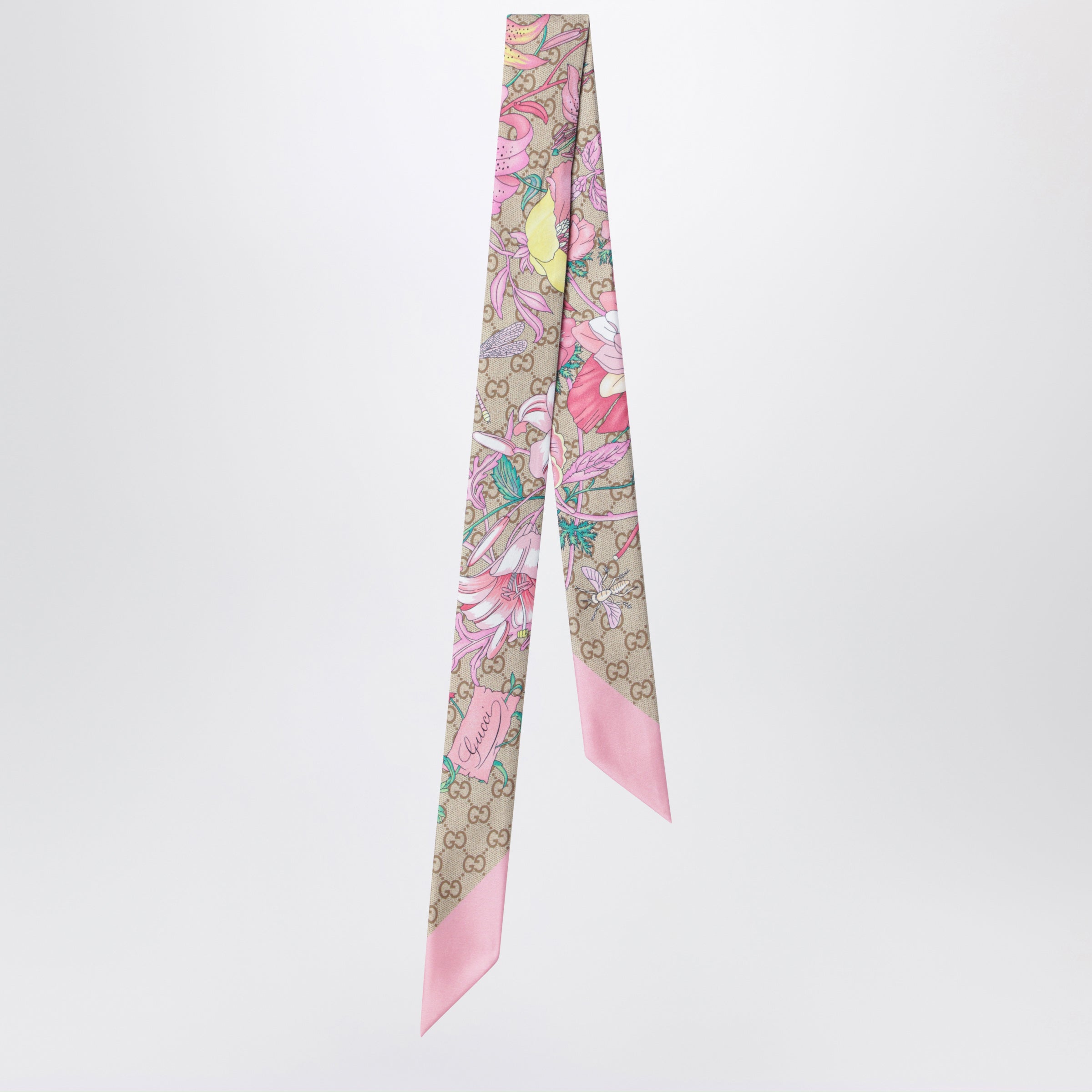 Gucci Printed Silk Ribbon With Flora Motif In Pink Women