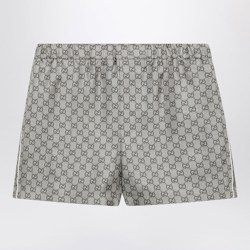 Gucci Silk Twill Shorts With Gg Print In Beige Women