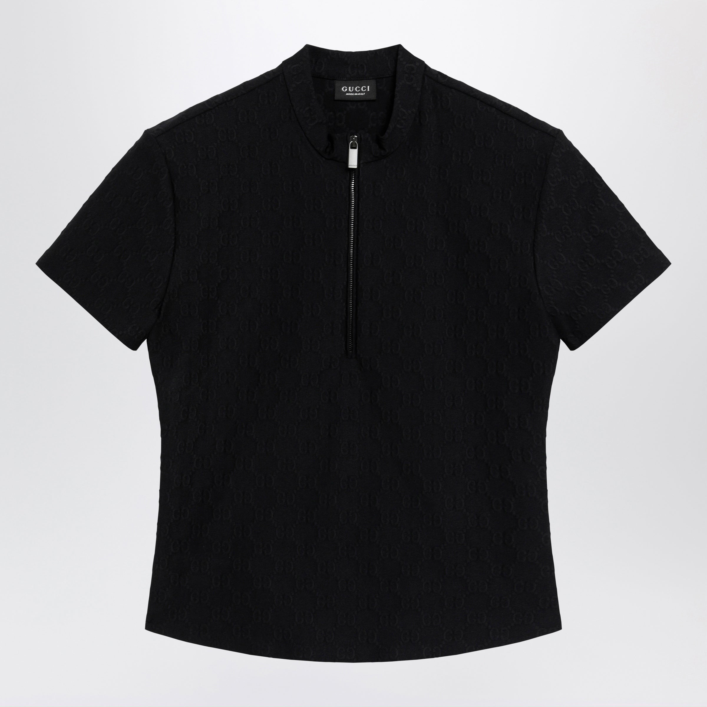 Gucci Black Gg Jacquard Jersey T-Shirt With Half Zip Women