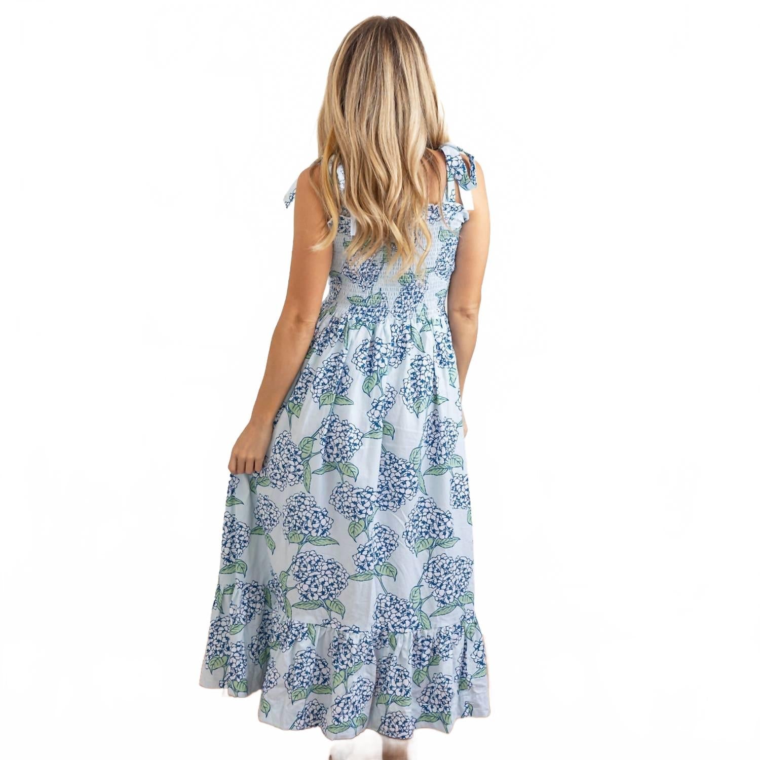 Tie Top Smocked Maxi Dress In Hydrangea Stem