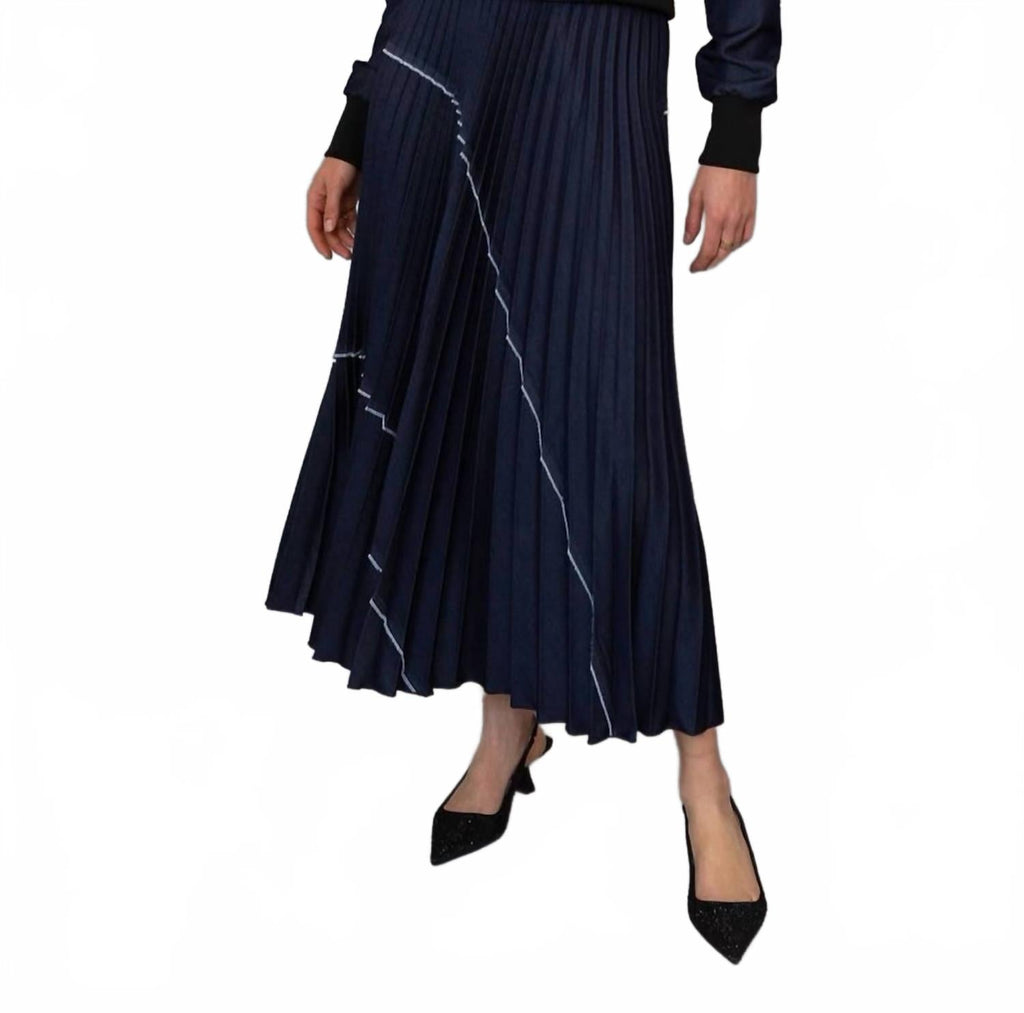 Denim Patchwork Pleat Skirt In Indigo