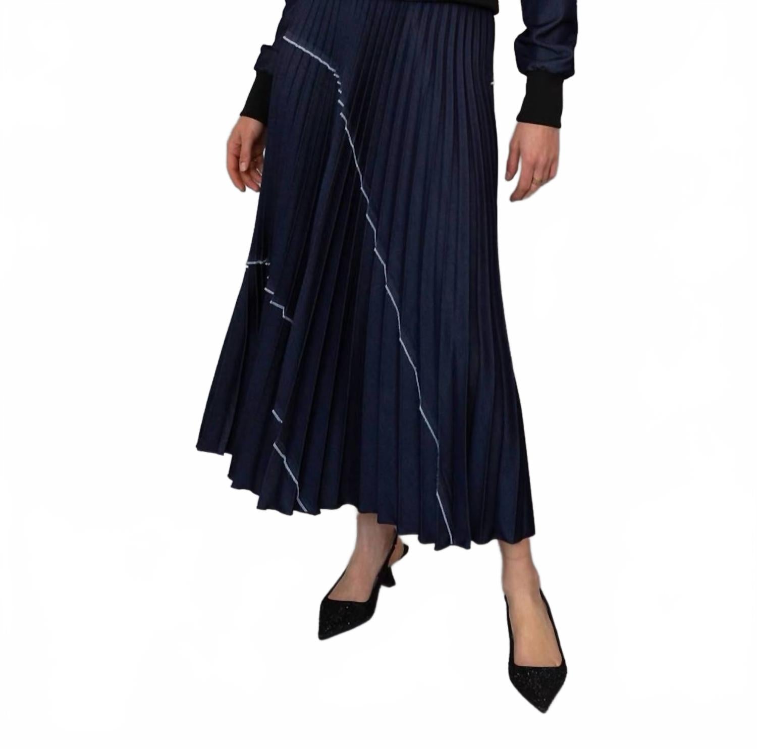 Denim Patchwork Pleat Skirt In Indigo