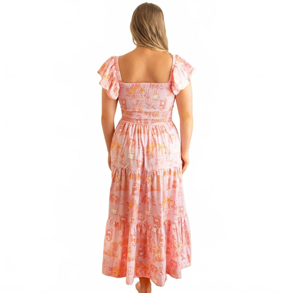 Smocked Flutter Sleeve Maxi Dress In Sunset Toile