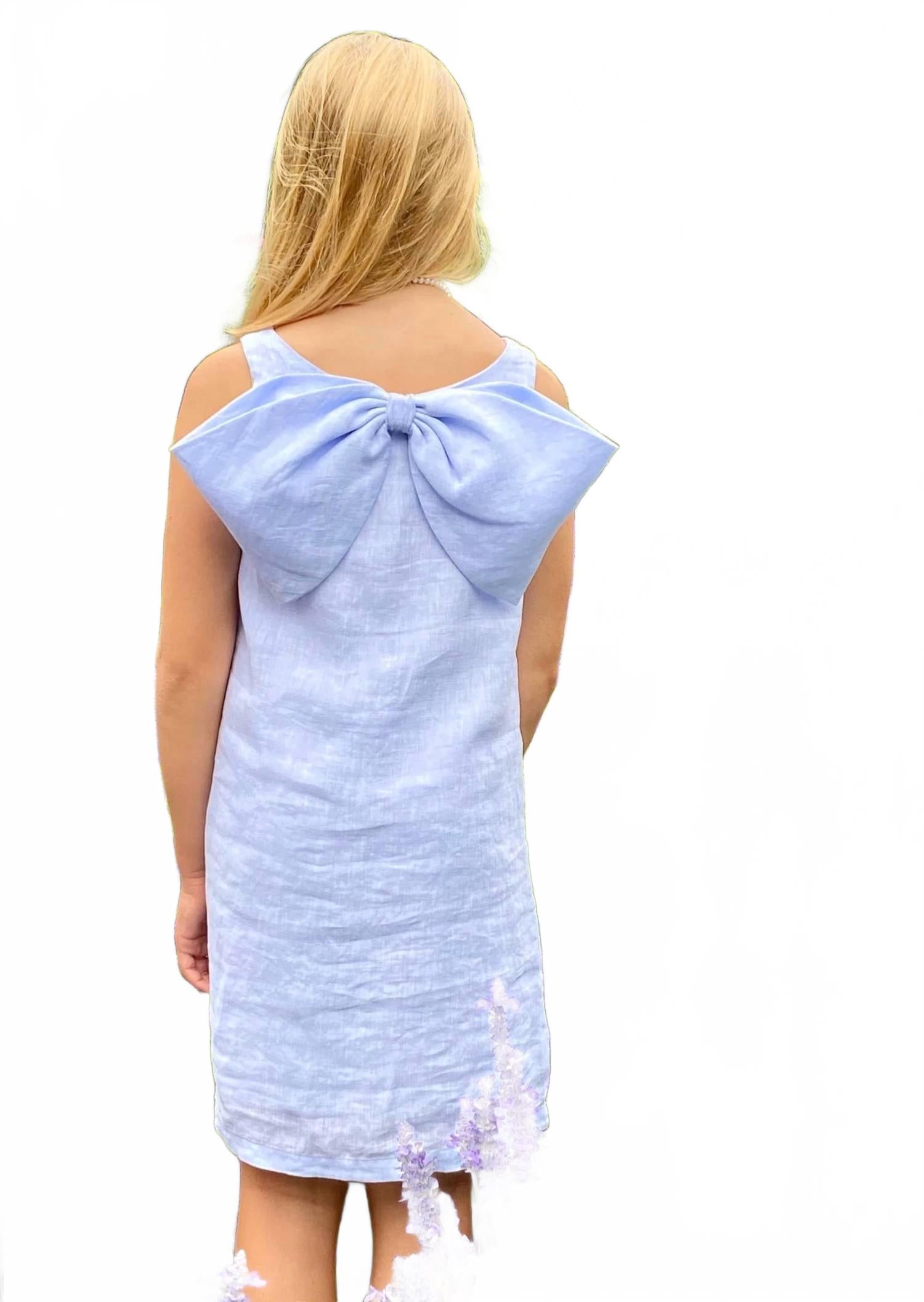 Girls Lolli Bow Back Dress In Bluffton Blue Linen