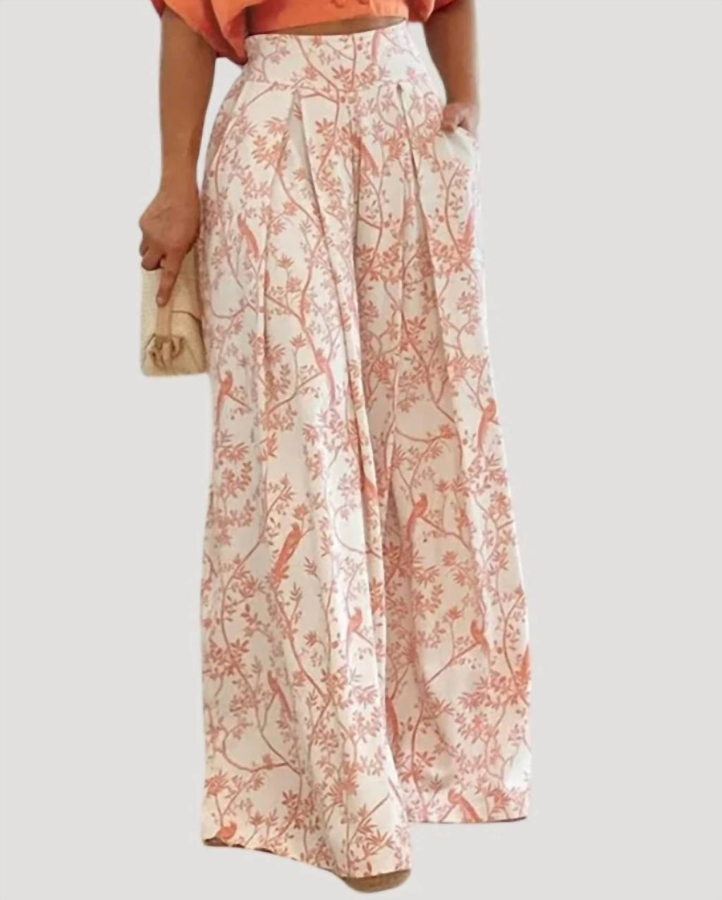 V-Neck Short Shirt And Wide Leg Pants Set In Light Orange