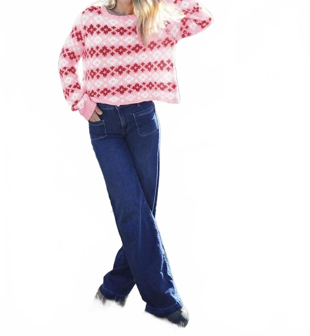 Shrunken Fairisle Chunky Crew Sweater In Blush Multi