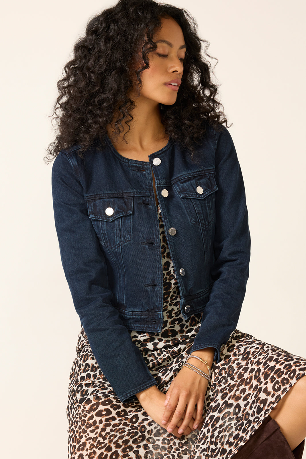 Women's Collarless Trucker Denim Jacket
