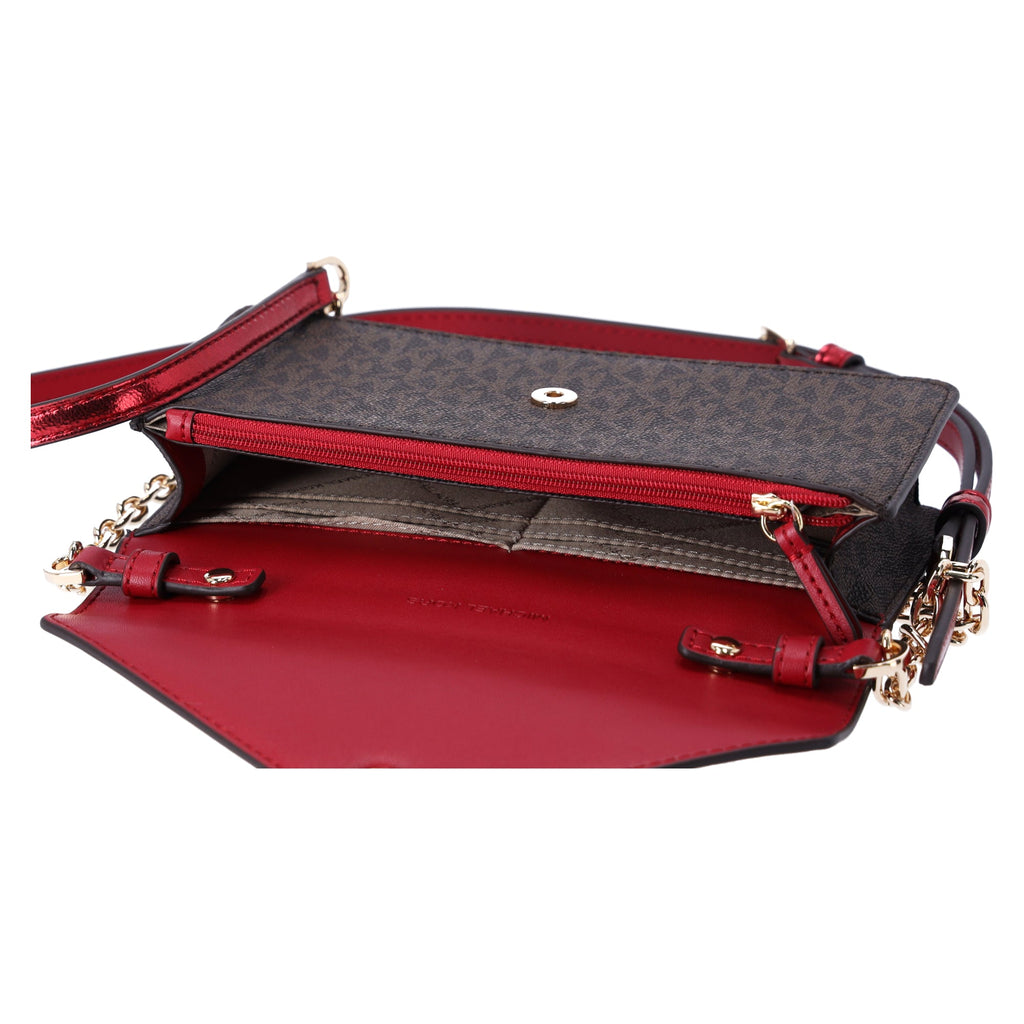 Michael Kors Jet Set Travel Small Signature Clutch Crossbody Brown Crimson Red