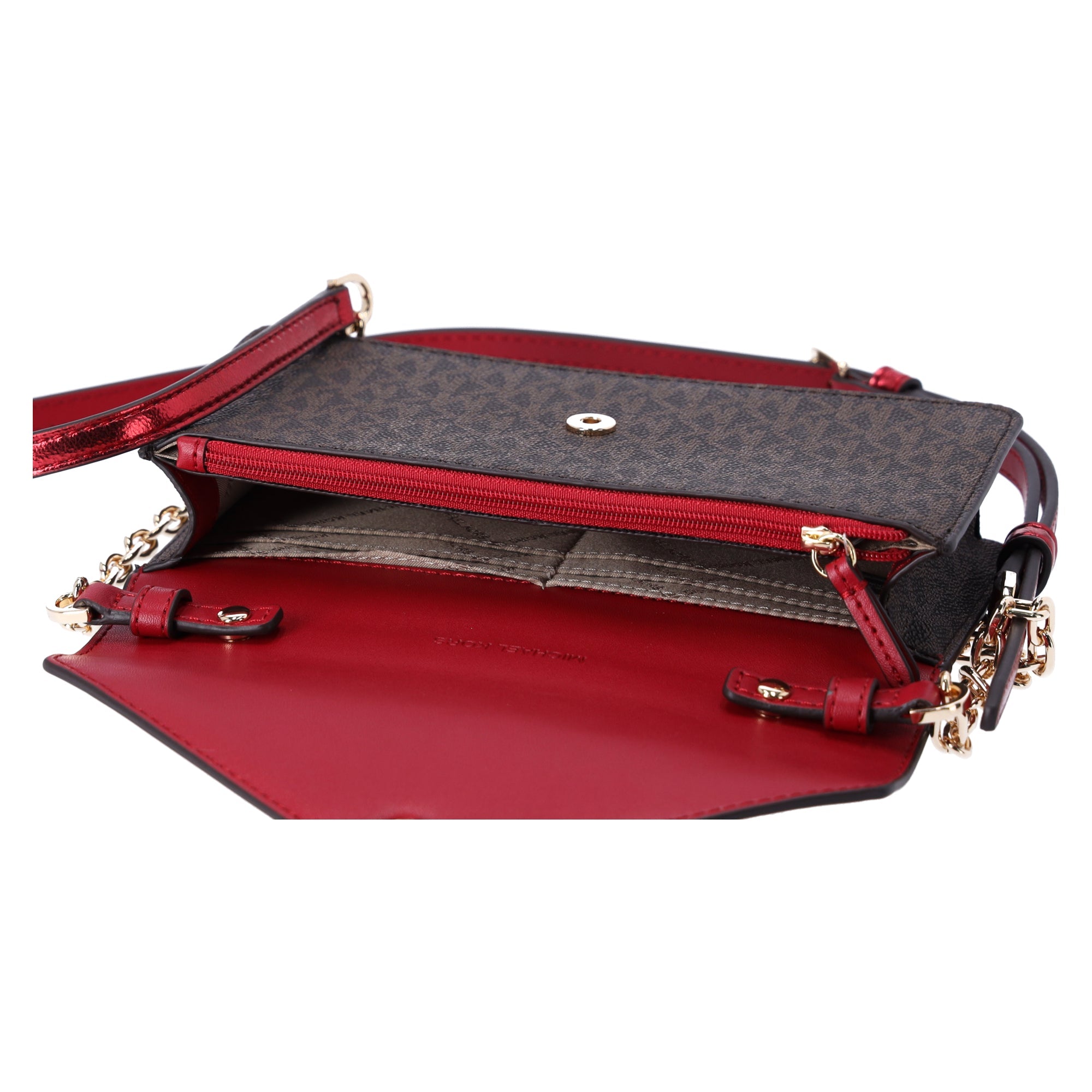 Michael Kors Jet Set Travel Small Signature Clutch Crossbody Brown Crimson Red