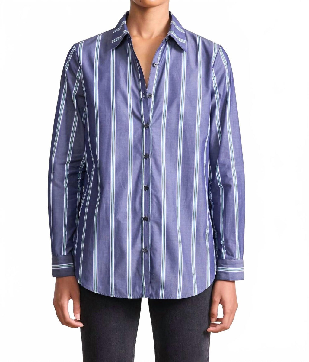Sodi Wrap Button Up Top In Indigo Stripe