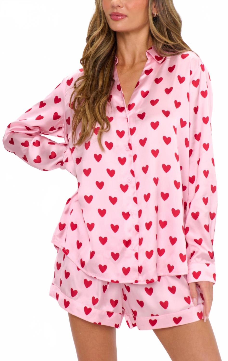 Early Riser Pajama Set In Pink Queen Of Hearts Silky