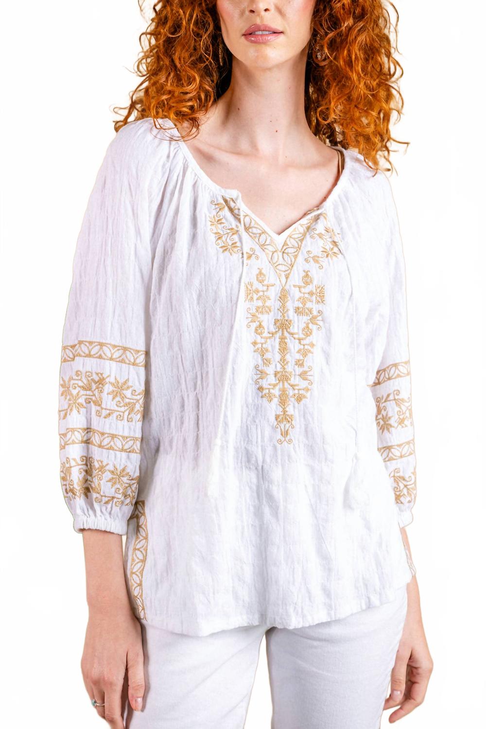 Textured Woven Embroidered Peasant Top In White
