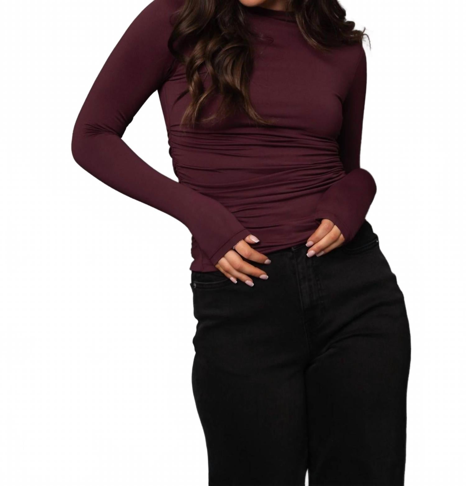 Funnel Neck Ruched Top In Prune