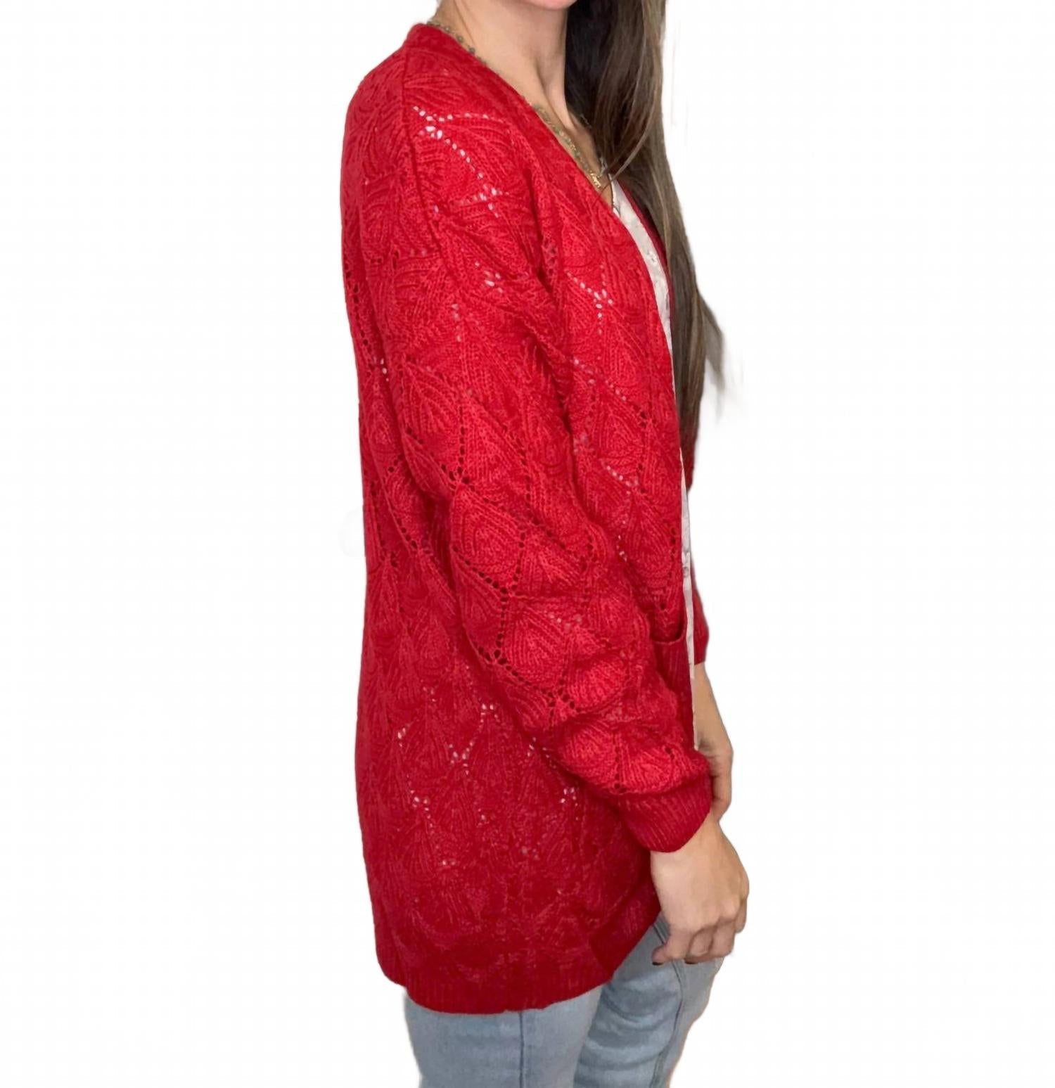 Romona Open Knit Cardigan In Red