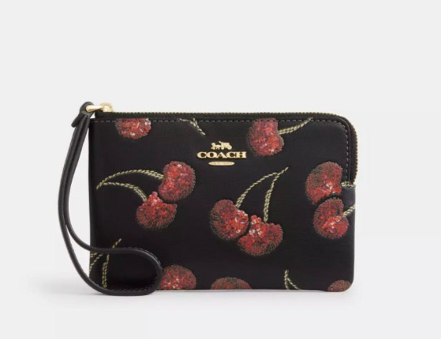 NWT Coach Corner Zip Leather Wristlet With Cherry Print