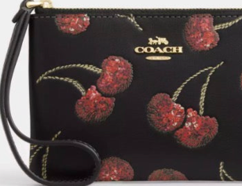 NWT Coach Corner Zip Leather Wristlet With Cherry Print