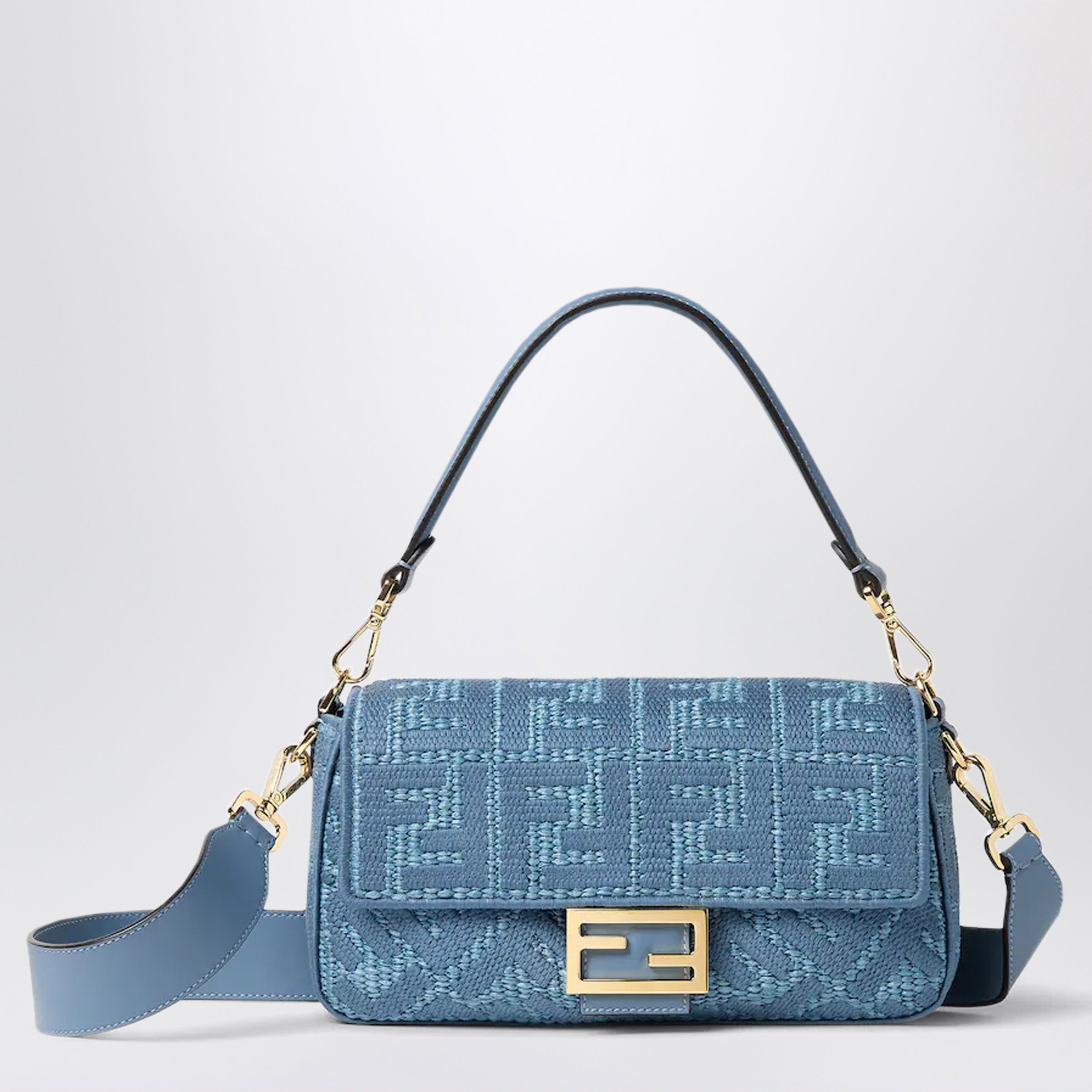 Fendi Woven Raffia Baguette Bag With Blue Ff Embroidery Women