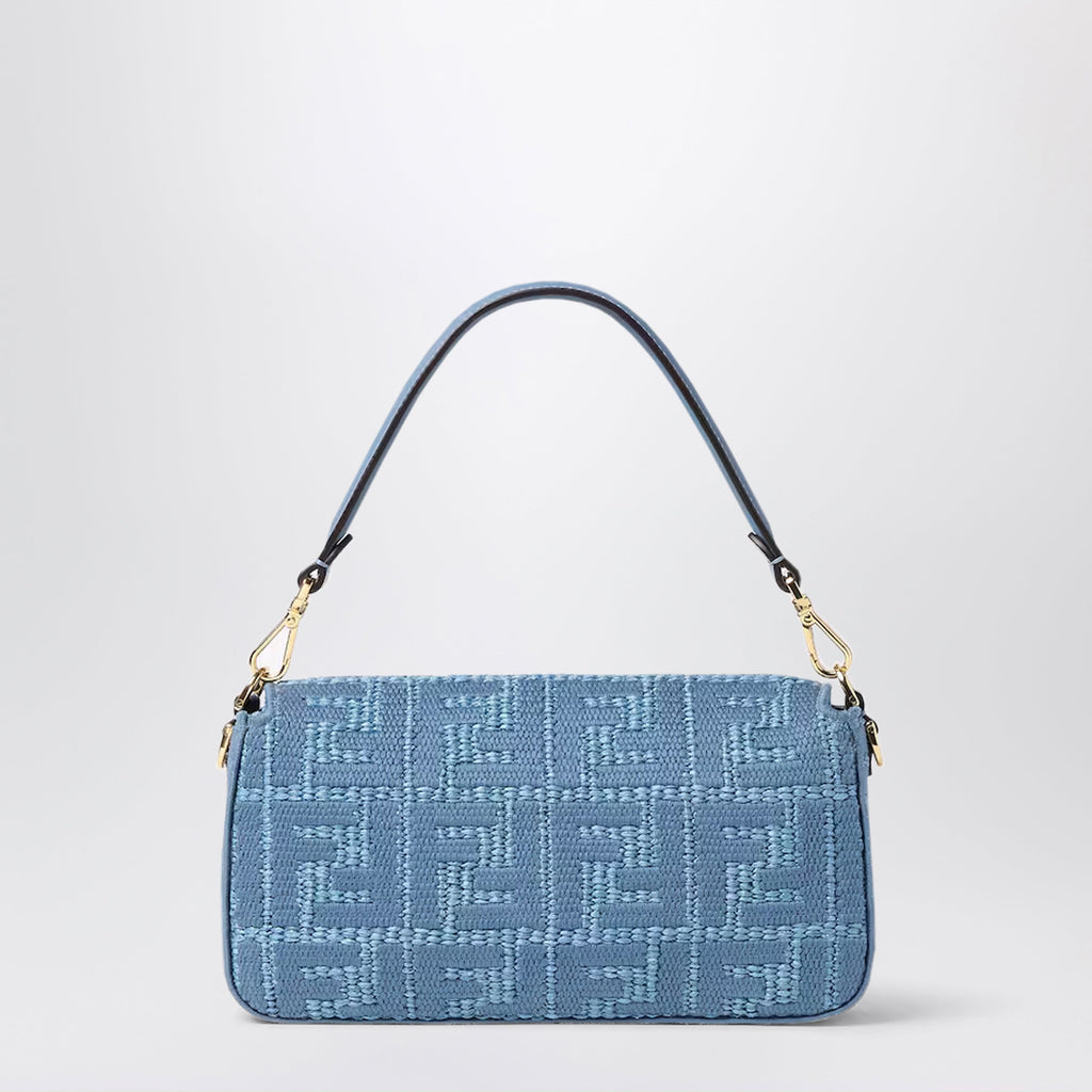 Fendi Woven Raffia Baguette Bag With Blue Ff Embroidery Women
