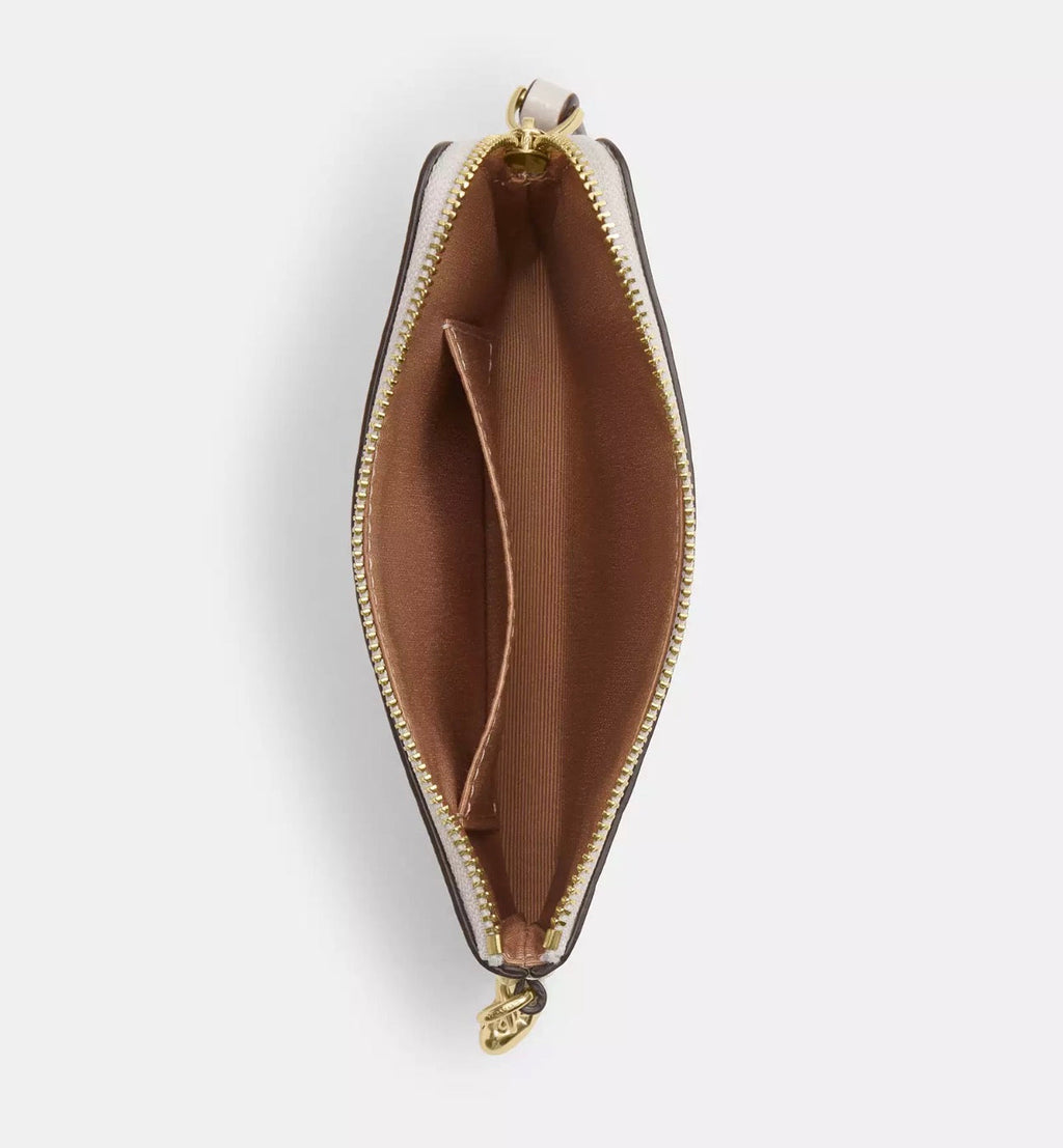 NWT Coach Corner Zip Wristlet In Signature Leather With Heart Charm In Gold/Ivory