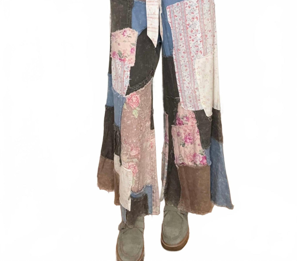 Patty Patchwork Chambray Denim Pants In Pink Multi