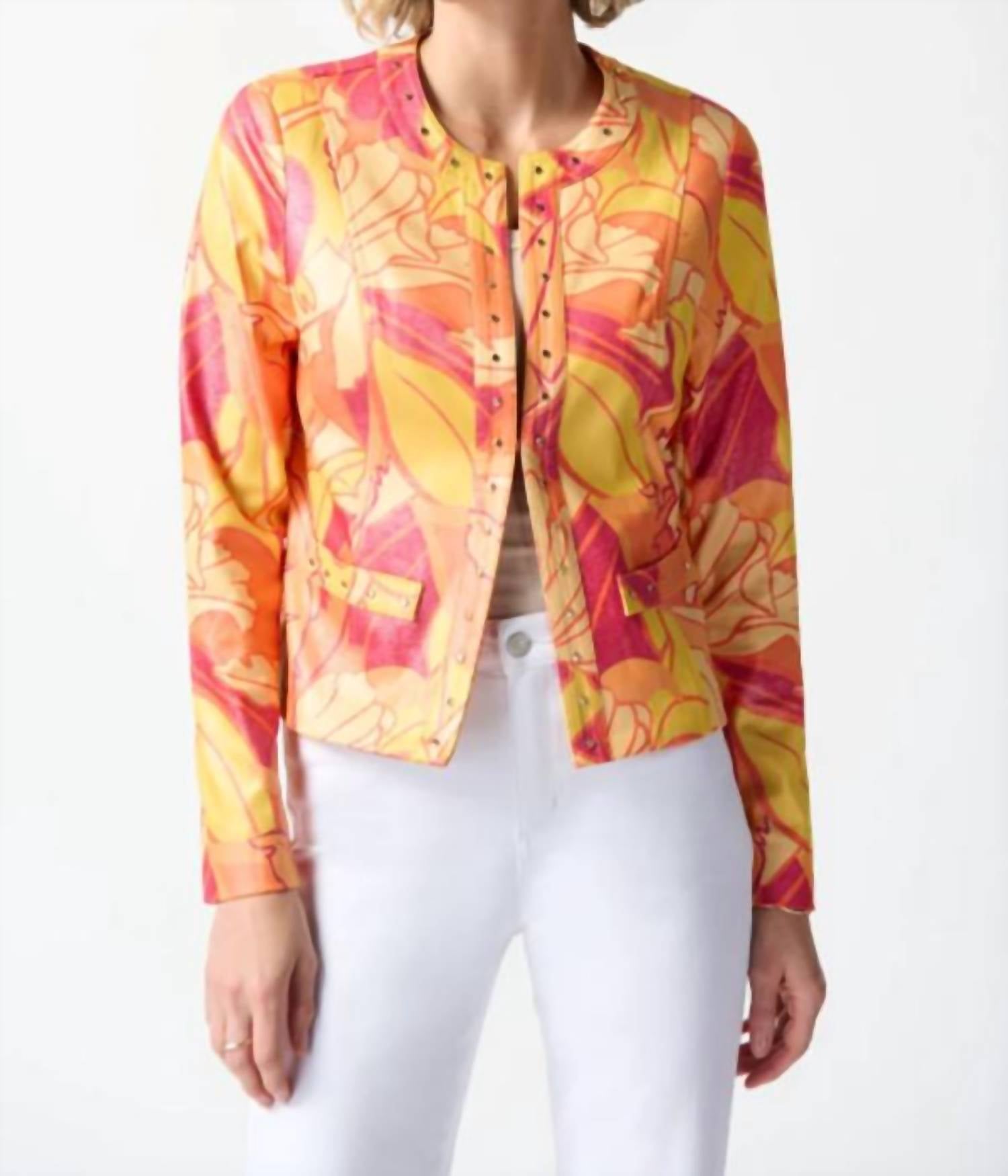 Foiled Suede Floral Print Fitted Jacket In Pink/multi