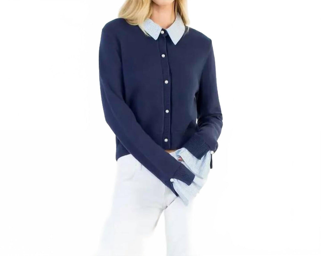 Pearl Button Mixed Media Collared Knit Top In Blue