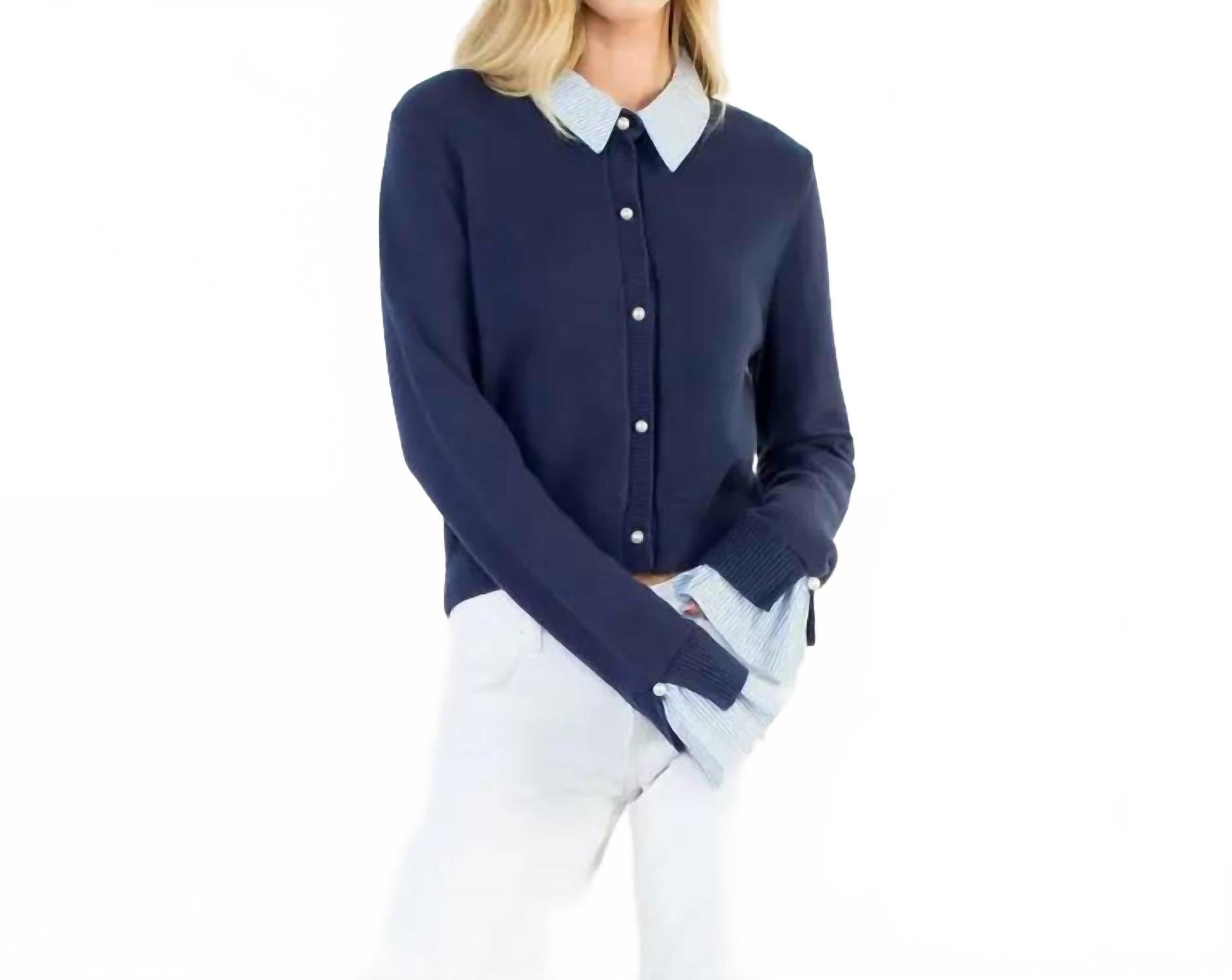 Pearl Button Mixed Media Collared Knit Top In Blue