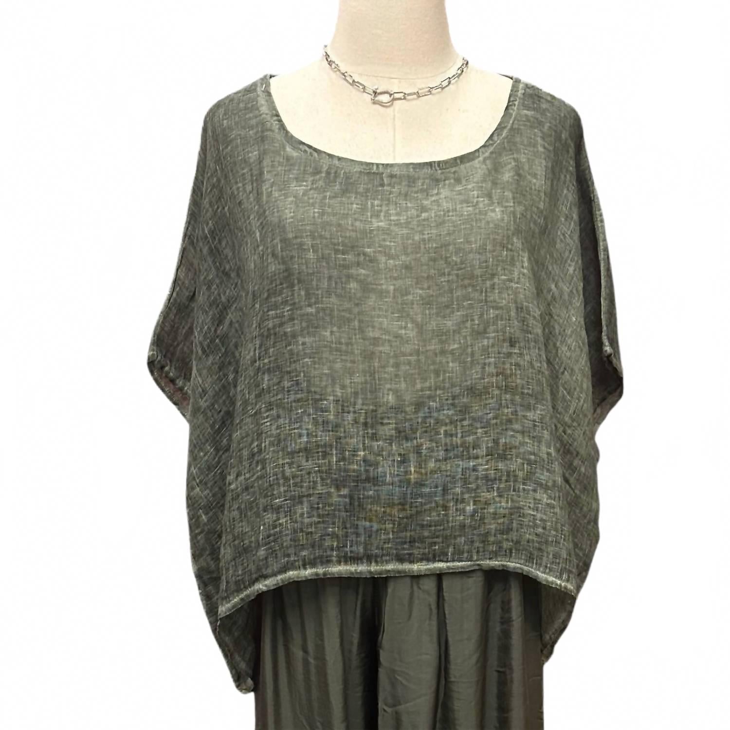 Women's Linen Scoop Neck Poncho Blouse In Olive