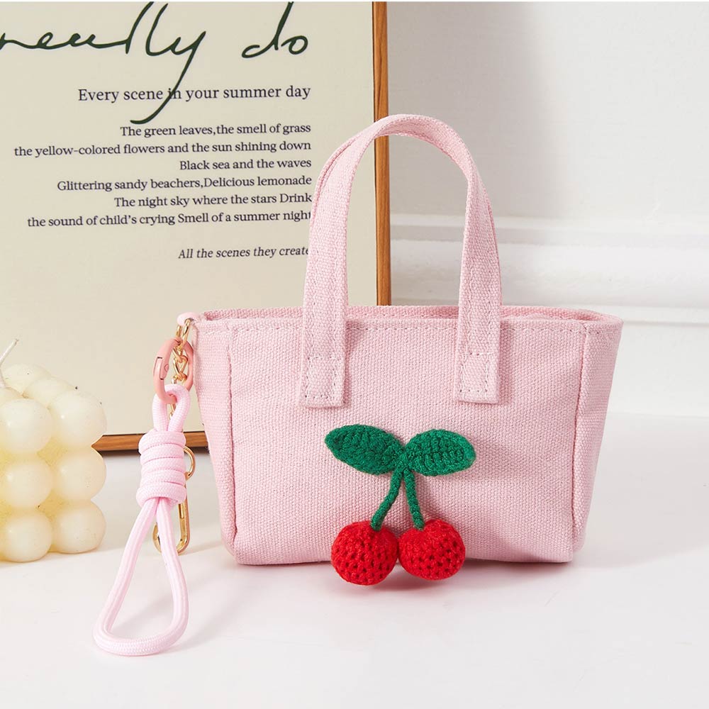 Cherry Charm Mini Canvas Tote Bag Keychain Bag Charm