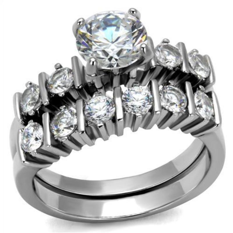 High polished (no plating) Stainless Steel Ring with AAA Grade CZ in Clear