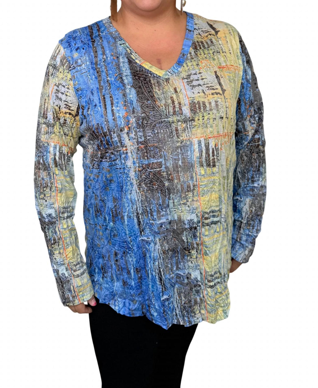 Long Sleeve Crinkle Tunic Top In Blue/multi