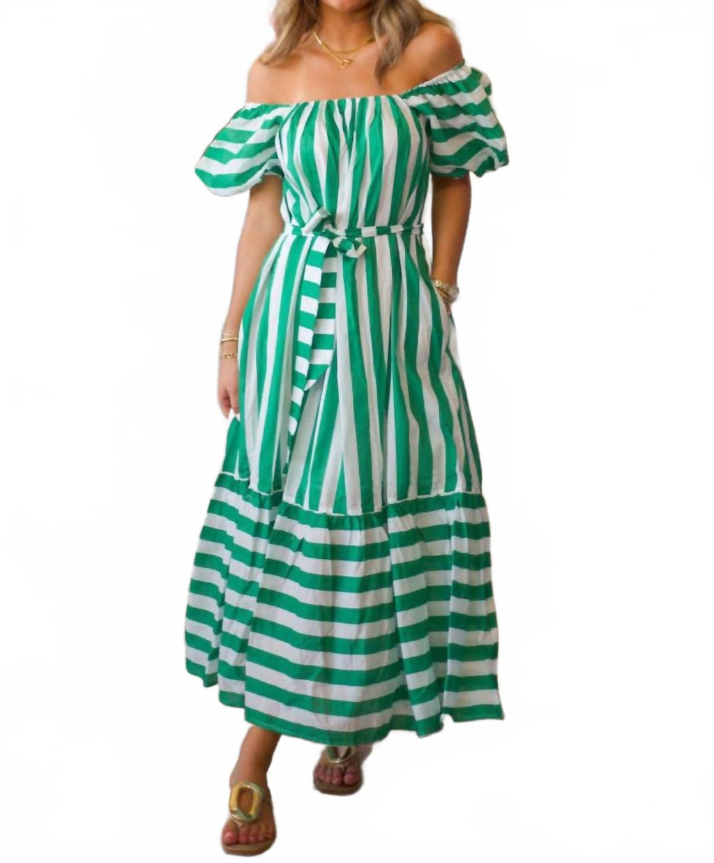 Striped Midi Puff Sleeve Dress In Green