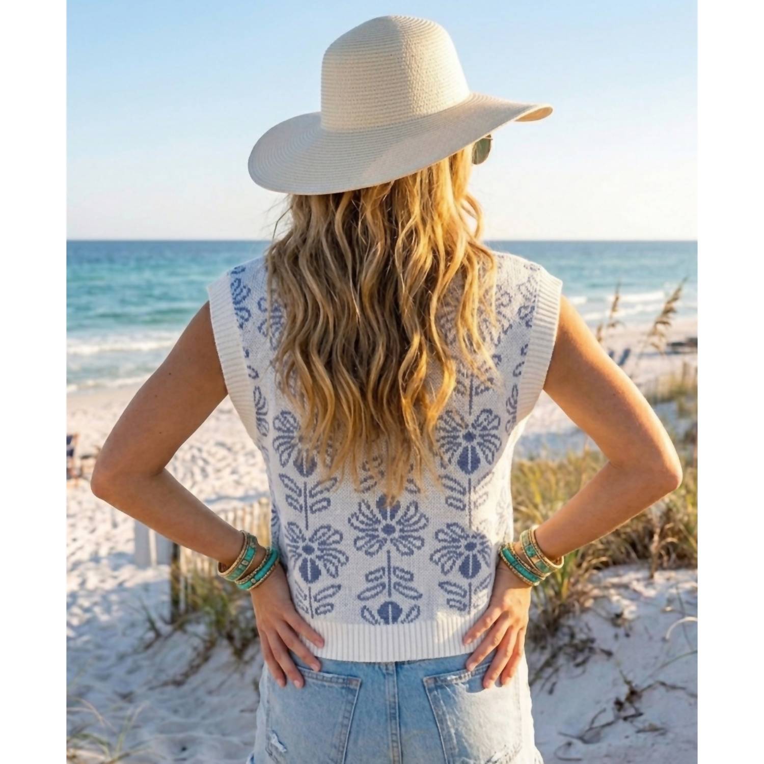 Floral Knit Sweater Vest Top In Pacific Blue