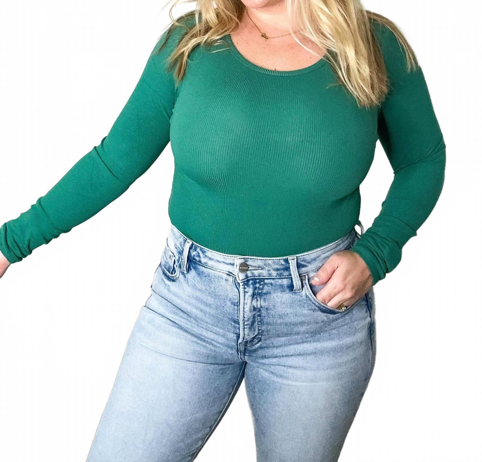 Tidal Ribbed Long Sleeve Bodysuit In Green