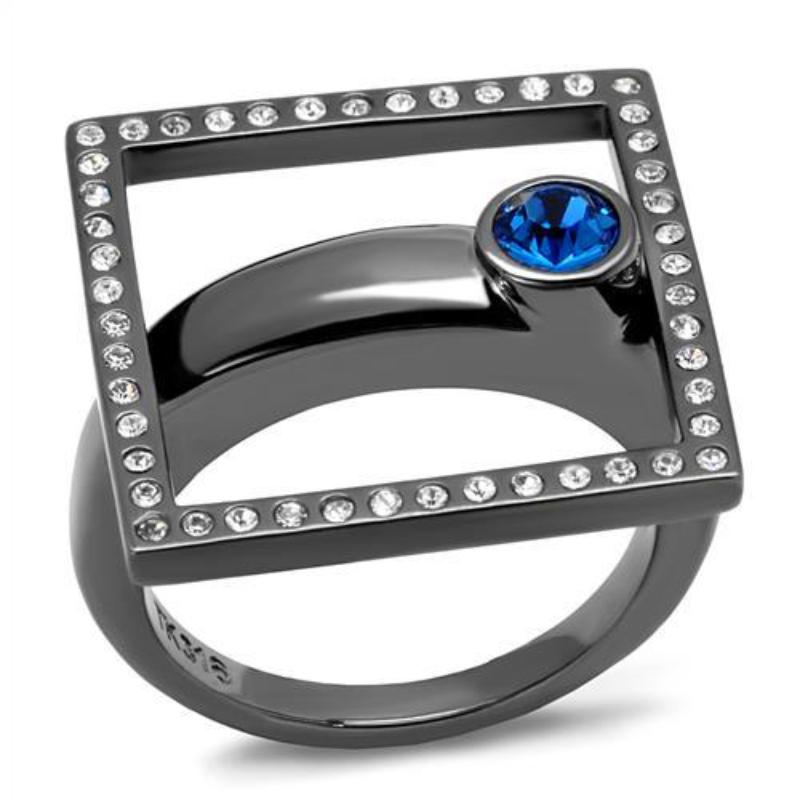 IP Light Black Stainless Steel Ring with Top Grade Crystal in Capri Blue