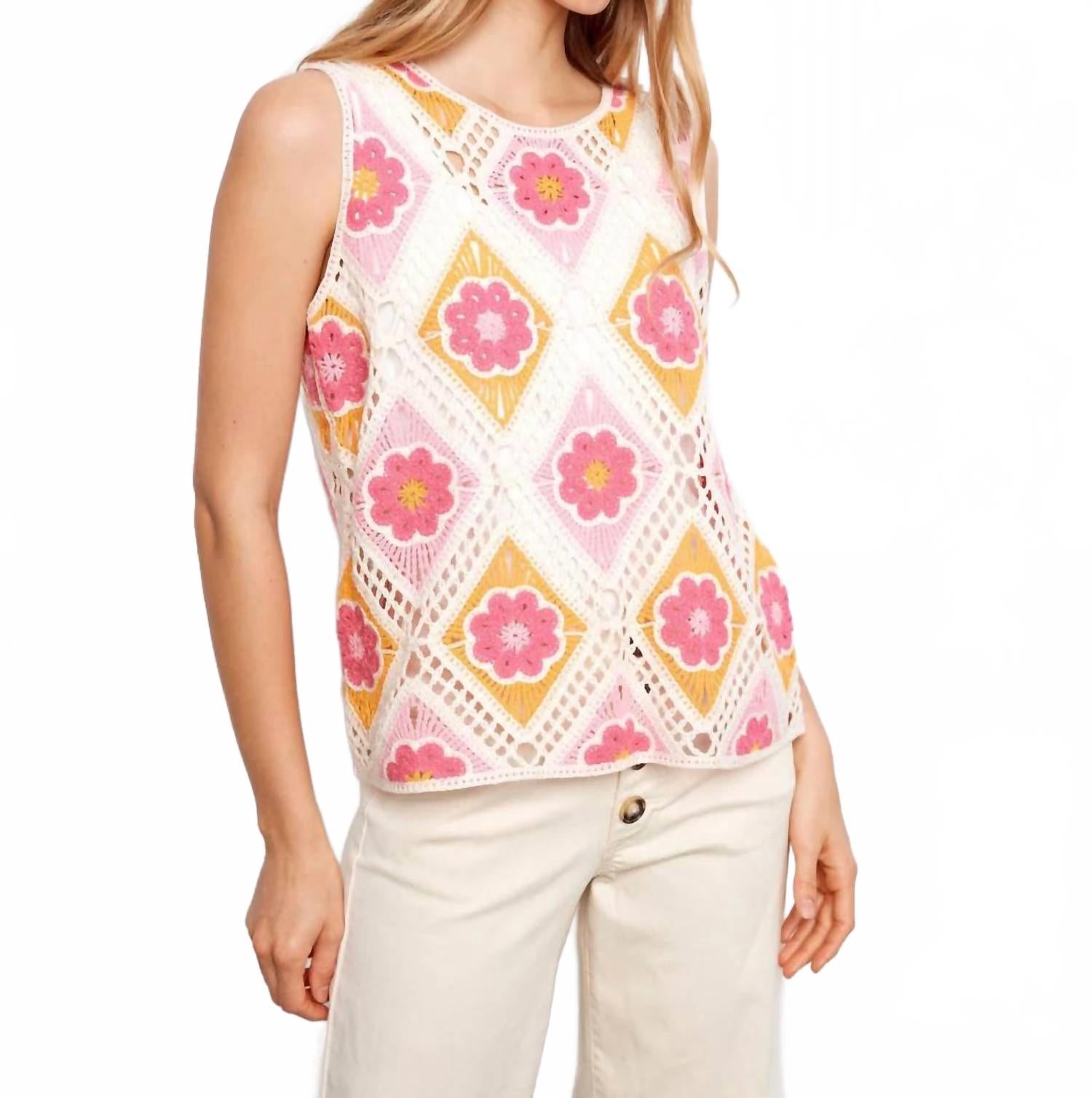 Sleeveless Crochet Cotton Blend Top In Floral