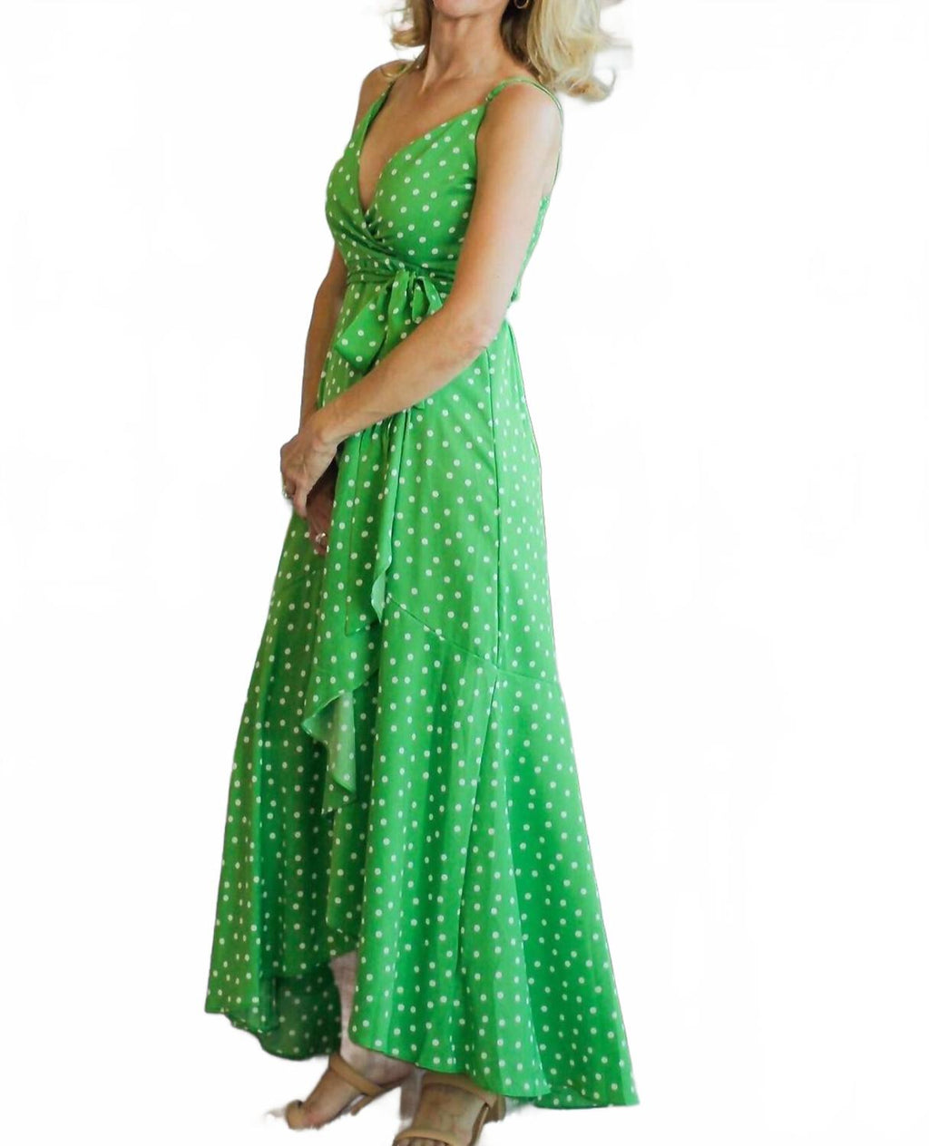 Adjustable Strap Tie Waist Dot Print Long Wrap Dress In Green