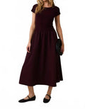 Round Neck Mix Midi Dress In Burgundy