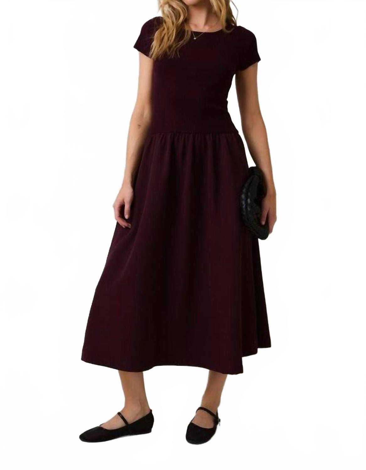 Round Neck Mix Midi Dress In Burgundy
