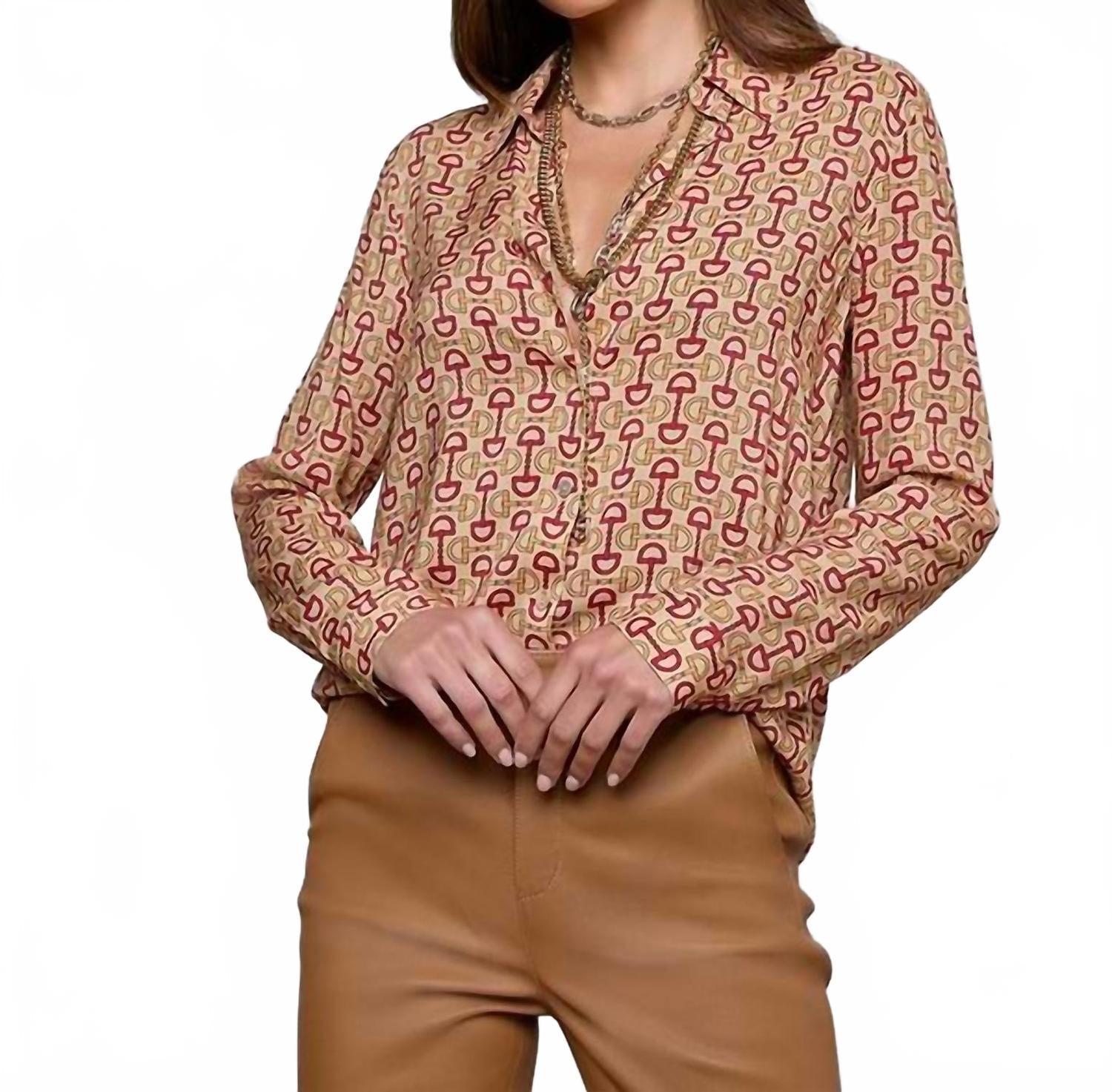 Holly Long Sleeve Blouse In Multi Allover Horse Bit