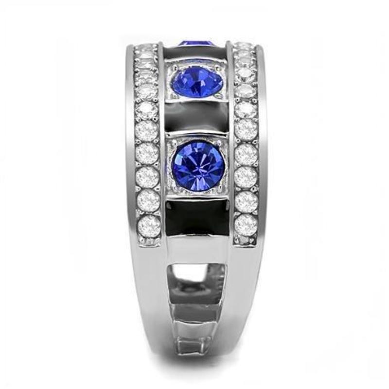 High polished (no plating) Stainless Steel Ring with Top Grade Crystal in Sapphire