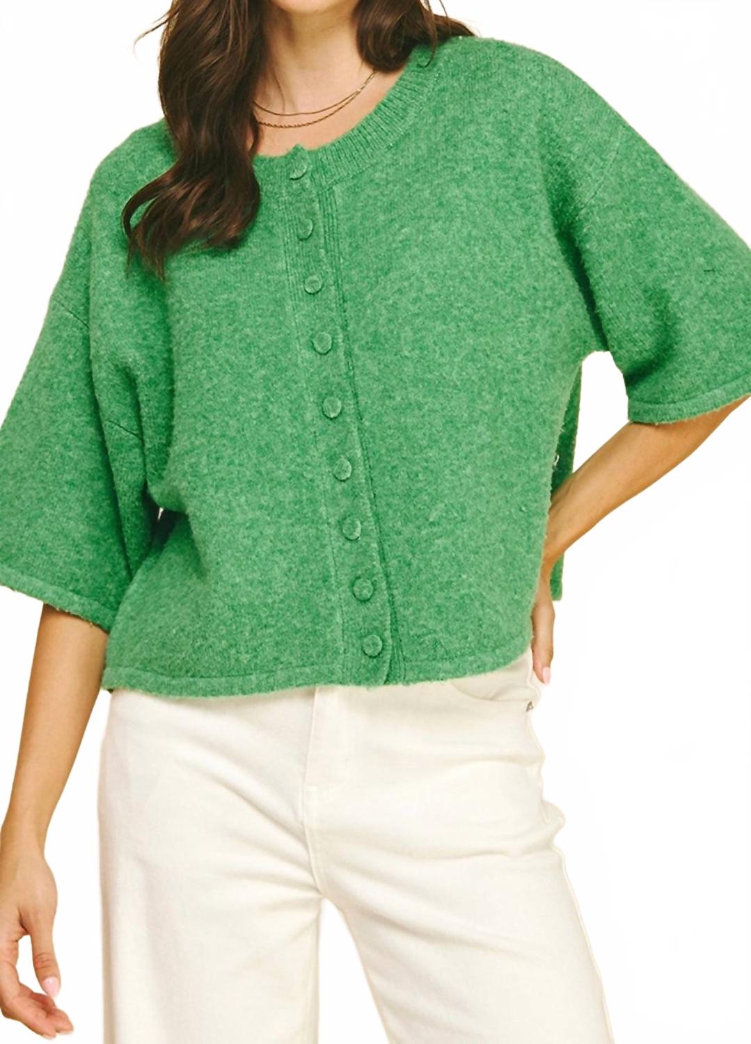 Abby Button Down Short Sleeve Sweater In Green