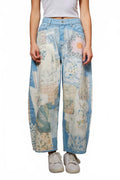 Patch Print Barrel Leg Jeans In Light Denim