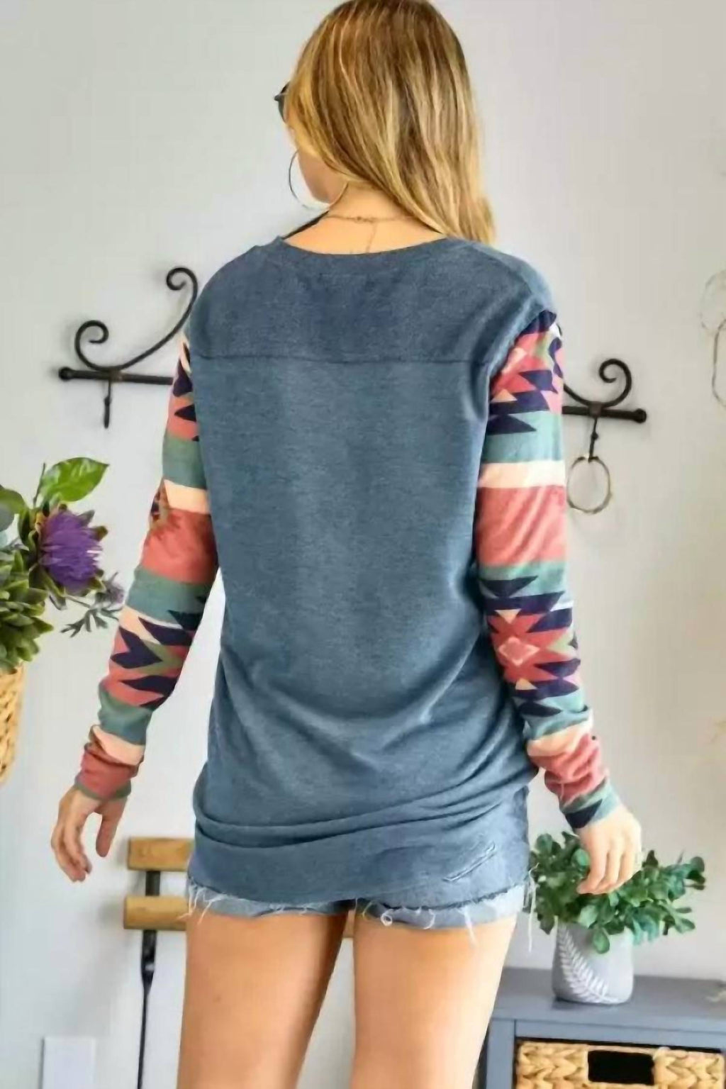 V Neck Long Sleeve Top In Teal Aztec