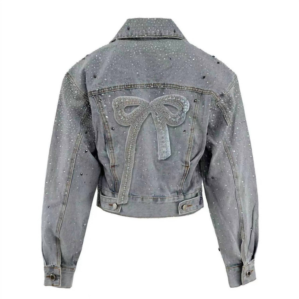 Crystal Bow Jacket In Light Washed Denim