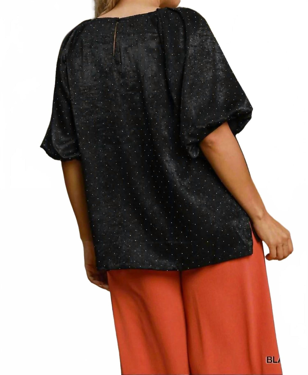 Satin Rhinestone Embellished Blouse With Puff Sleeves In Black