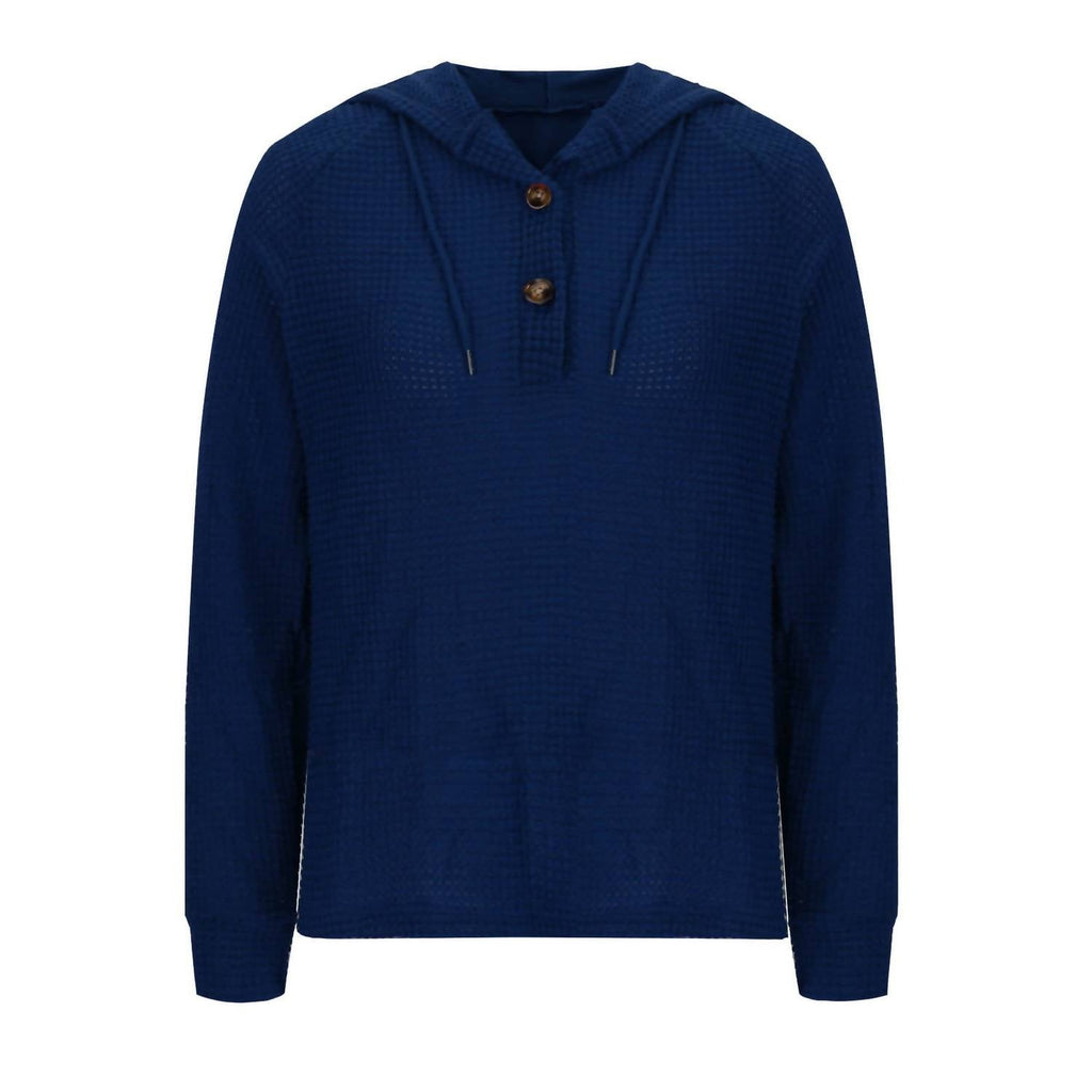 Waffle Button-Up Hoodie Pullover In Navy