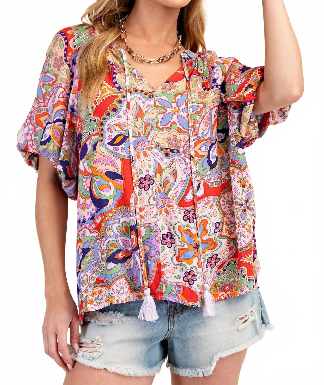 Bohemian Paisley Print Tassel Front Top In Blush Red