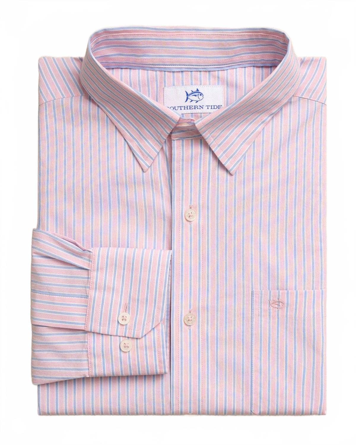 Amelia Island Stripe Charleston Sport Shirt In Sea Pink